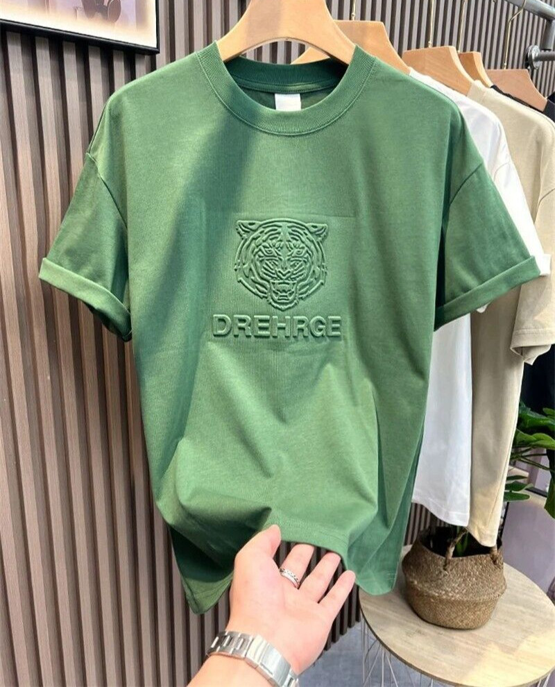 New Men Fashion Trend Tiger Embroidery Summer Short Sleeve Luxury Cotton T-Shirt