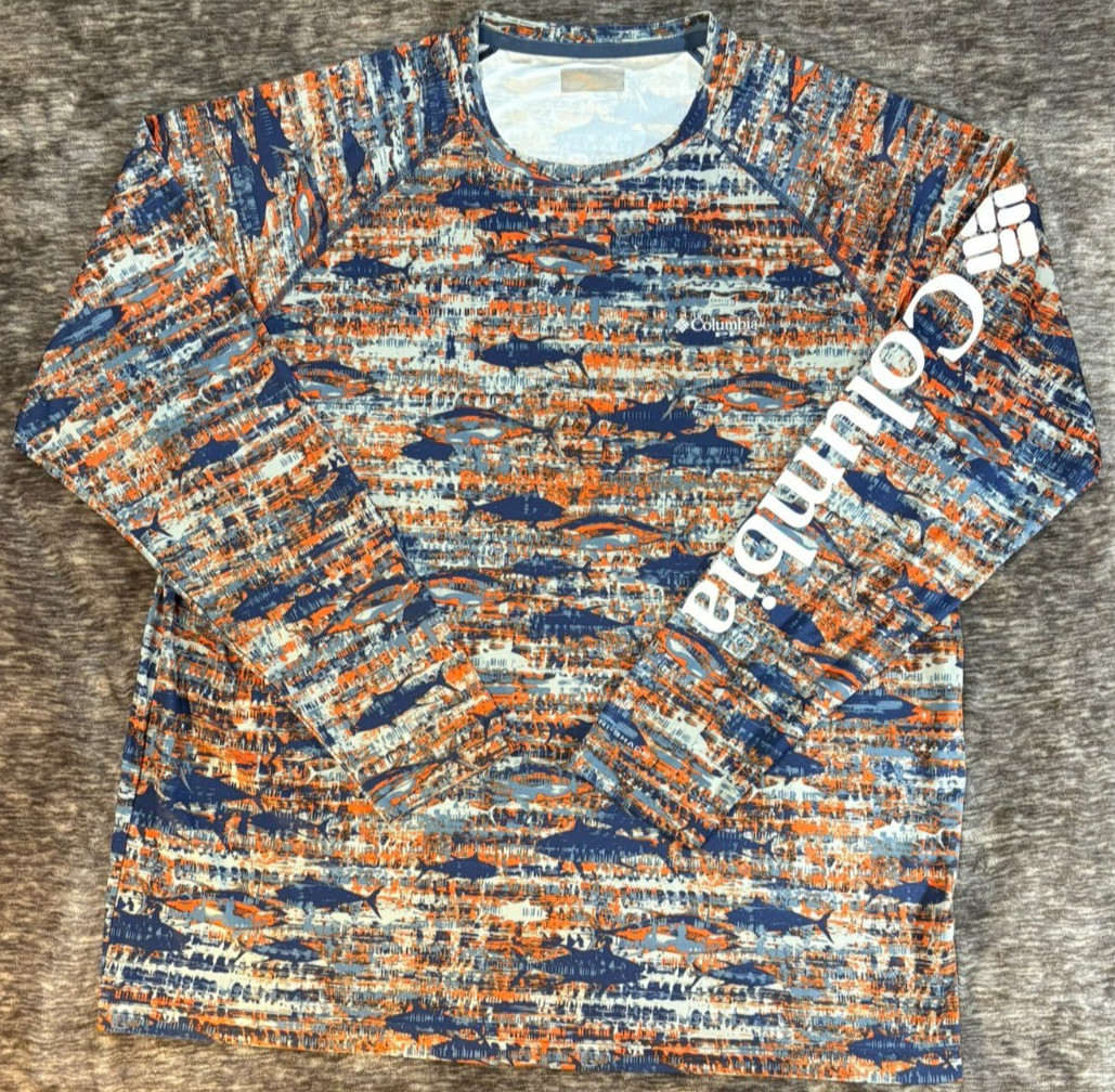Columbia PFG Omni Shade Fish Print Long Sleeve Shirt Blue Orange Approx Men&rsquo;s XL