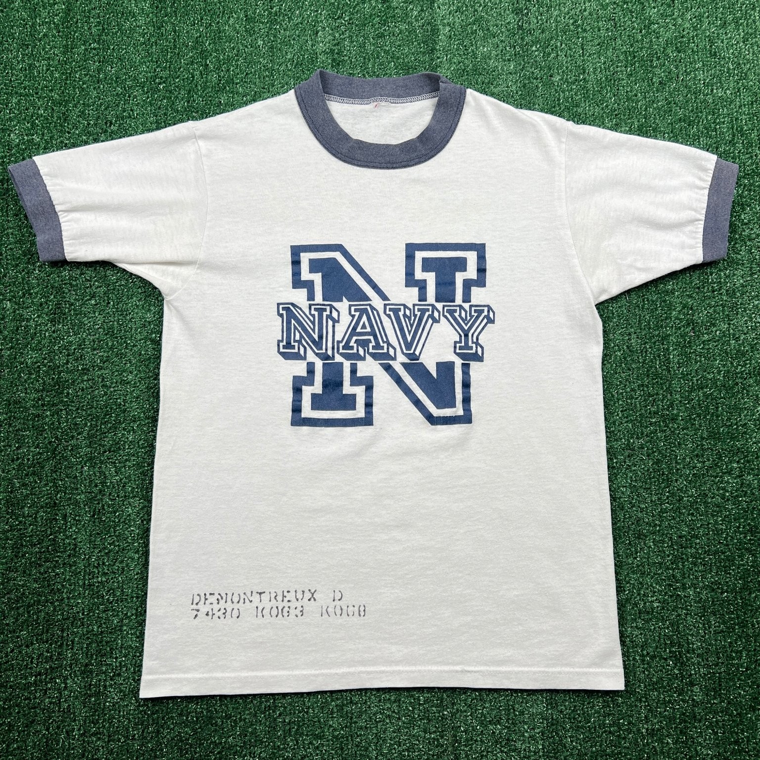 True Vintage US Naval Academy Stenciled Tag Navy Ringer T-Shirt M White 80s