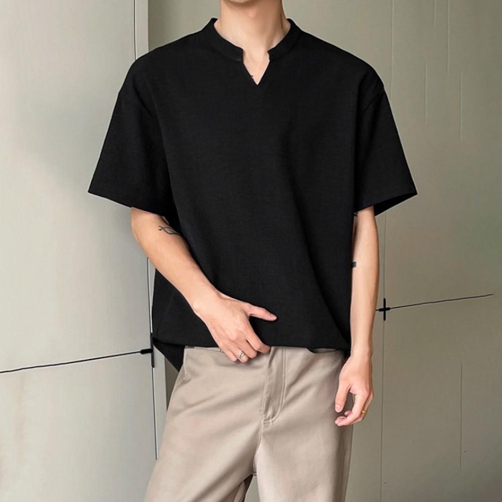 Loose Fit Men&rsquo;s T-Shirt Imitation Linen V Neck Short Sleeve Summer Top