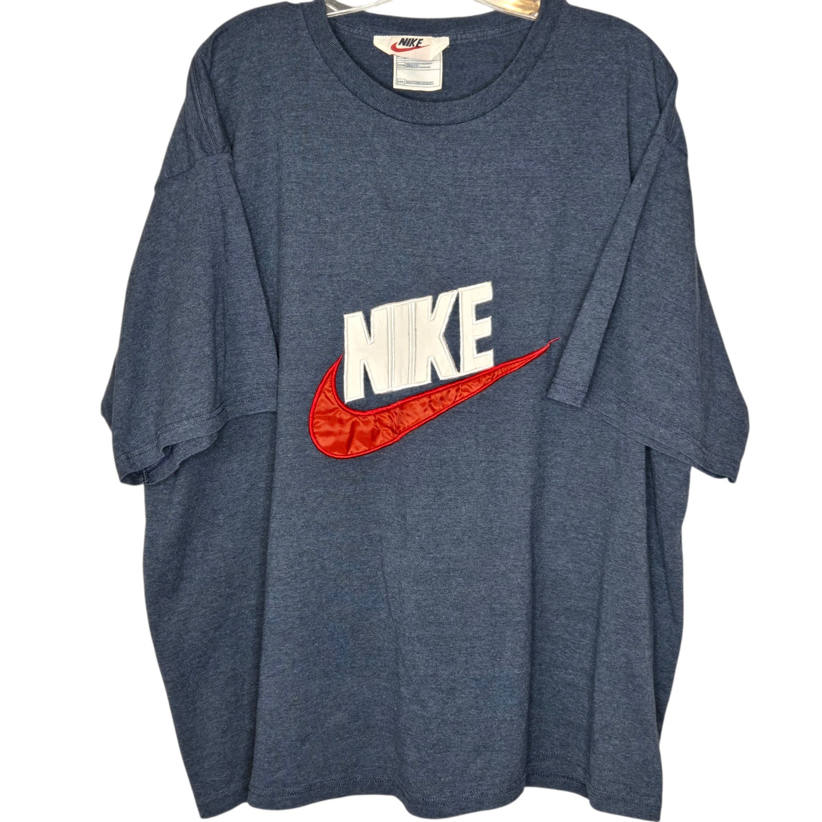 VTG 90s Nike Center Swoosh TShirt XXXL Blue Big Logo Satin Spellout White Tag 3X