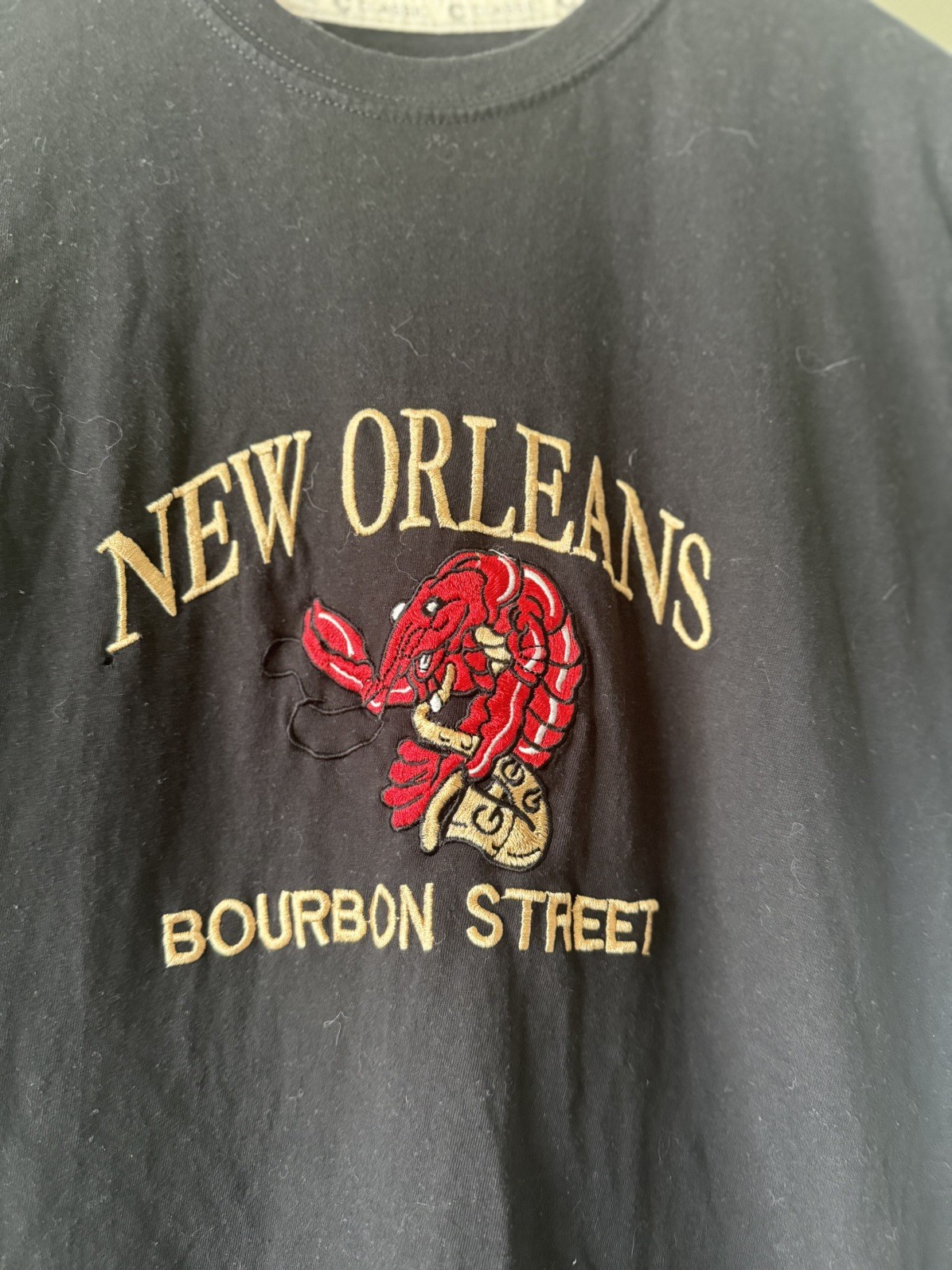 Embroidered New Orleans Bourbon Street Crawfish Playing Saxophone T-Shirt Small