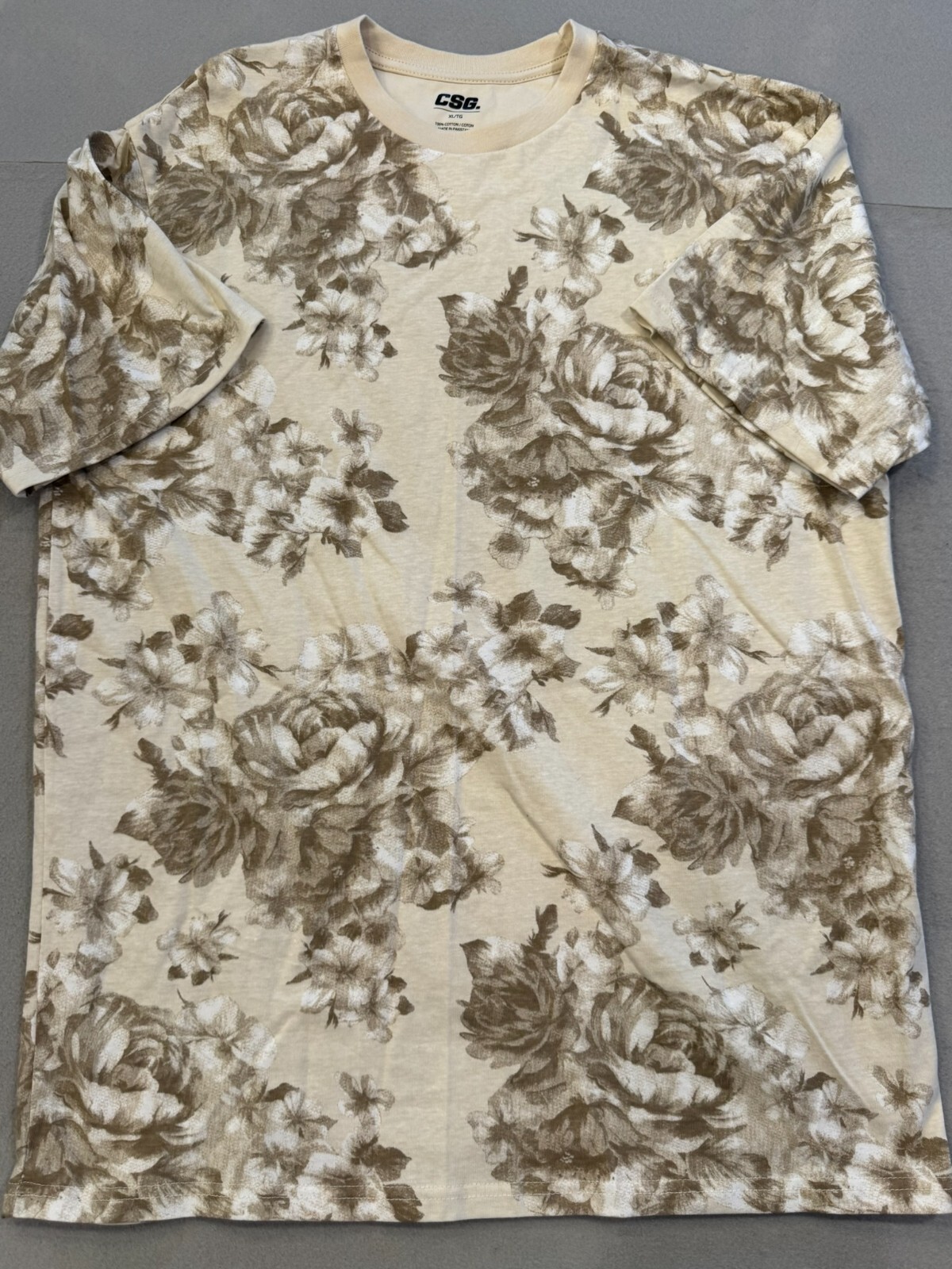 CSG. T Shirt Men&rsquo;s Extra Large Beige Floral 100% Cotton Everyday Basic Tee