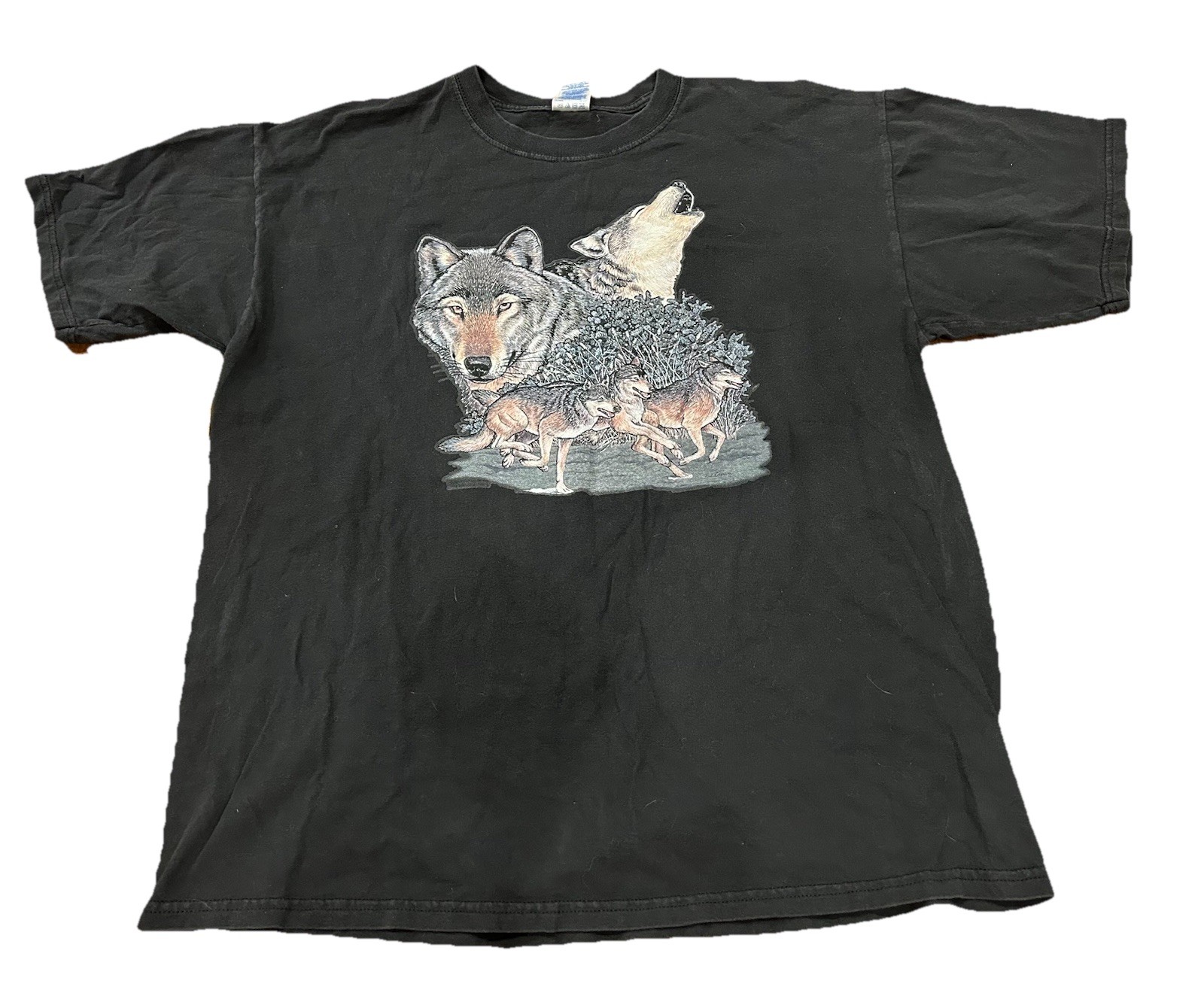 Vintage Wolf Graphic T-Shirt Men’s XL Black Gildan Heavy Cotton Nature Wildlife