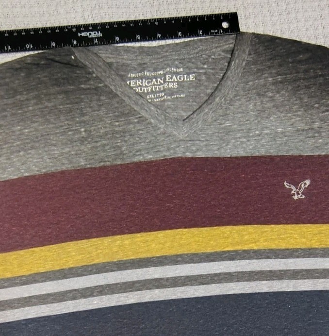 American Eagle Tee XXL Navy Maroon Grey Yellow Stripes Athletic Fit Y2K Preppy