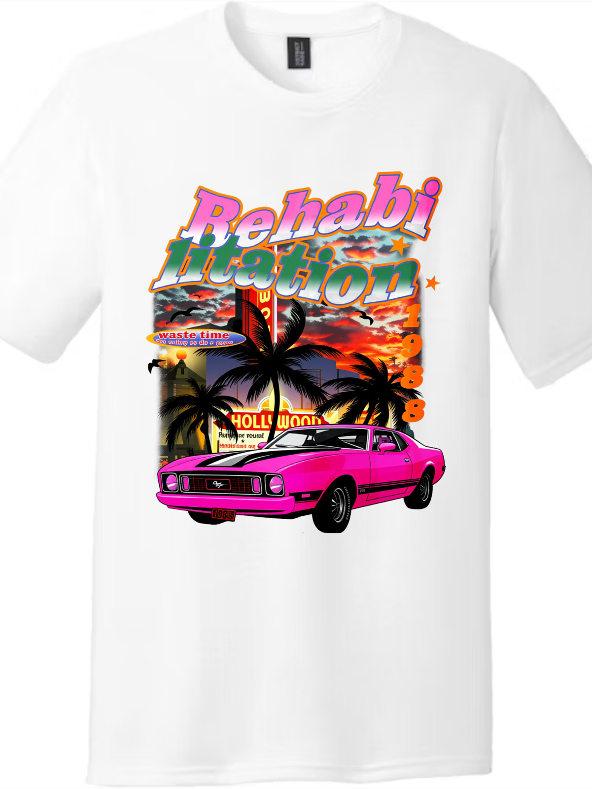 Retro 80s « Rehabilitation » Pink Muscle Car T-Shirt – Unisex Hollywood Tee