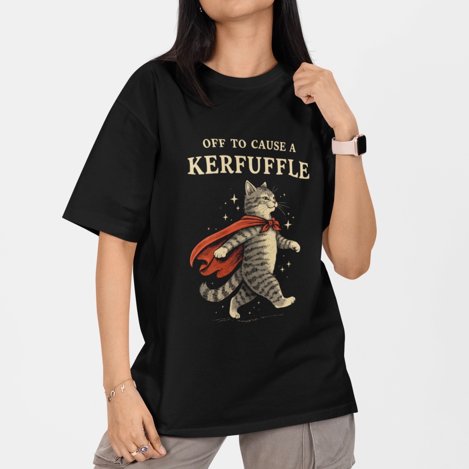 Funny Cat Shirt Off To Cause A Kerfuffle Cute Superhero Cat Graphic T-Shirt Gift