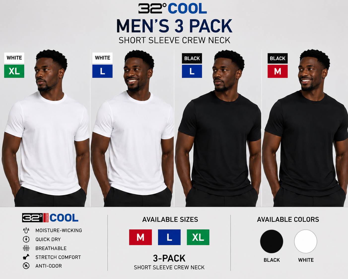 32 Degrees Cool Men&rsquo;s 3-Pack Crew Neck T-Shirts Black White M L XL NEW