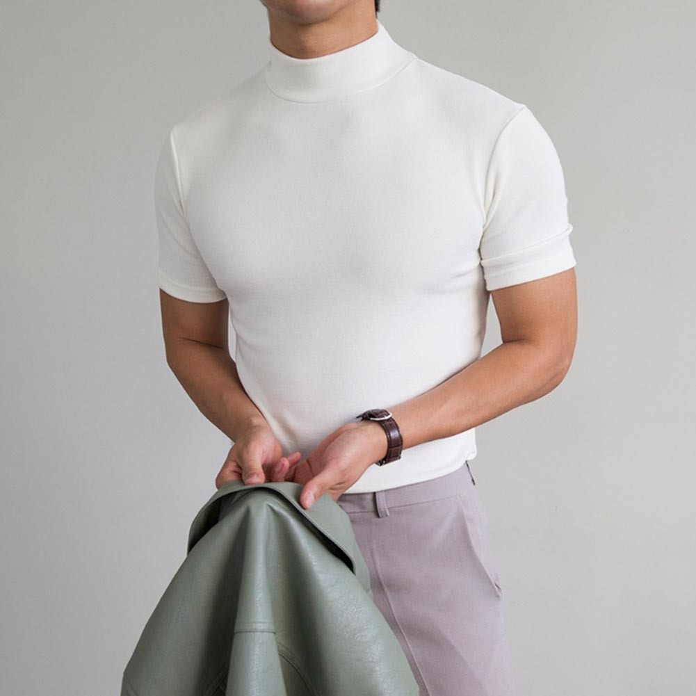 Polyester Spandex Men&rsquo;s Tight Fit T Shirt Half High Neck Short Sleeve S-3XL