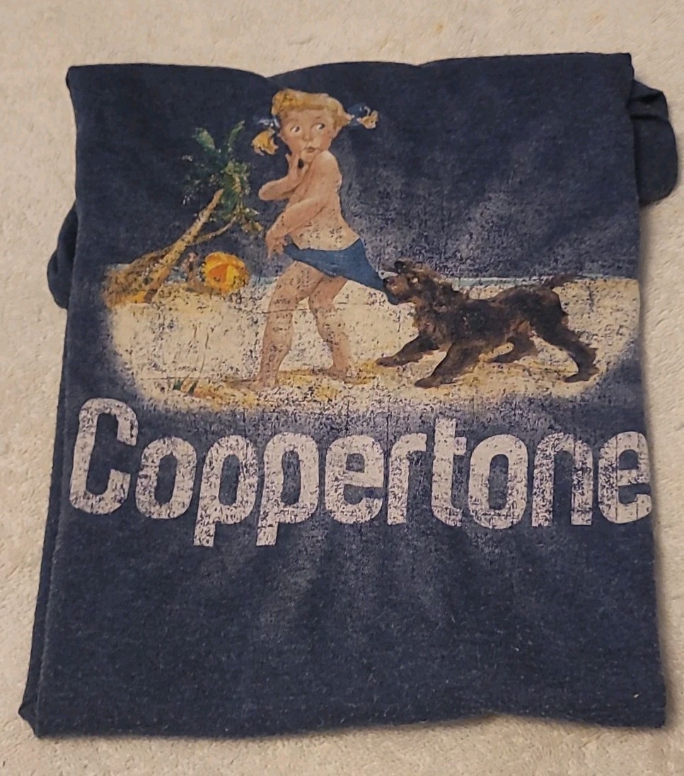 Coppertone 2 Baby Iconic Dog&Girl Shirt Sz Lg 1-Blue,1-Gray Beach Graphic USA