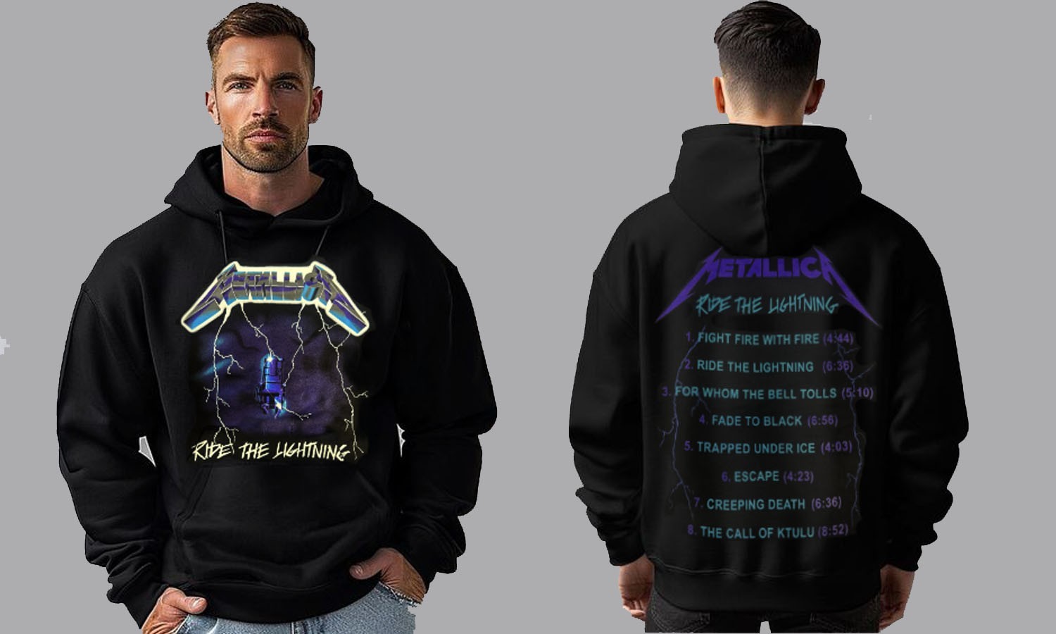 METALLICA RIDE THE LIGHTNING BLACK HOODIE MEN&rsquo;S 100% SILK SCREEN