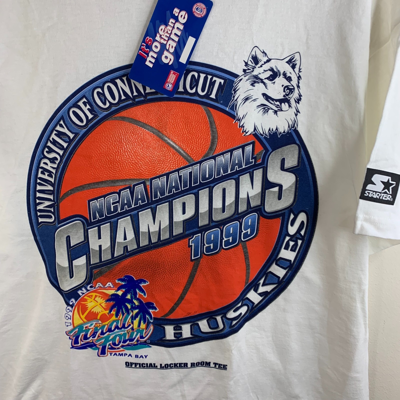 Vintage UCONN Huskies Shirt XL White 1999 NCAA Champions NOS Starter Deadstock
