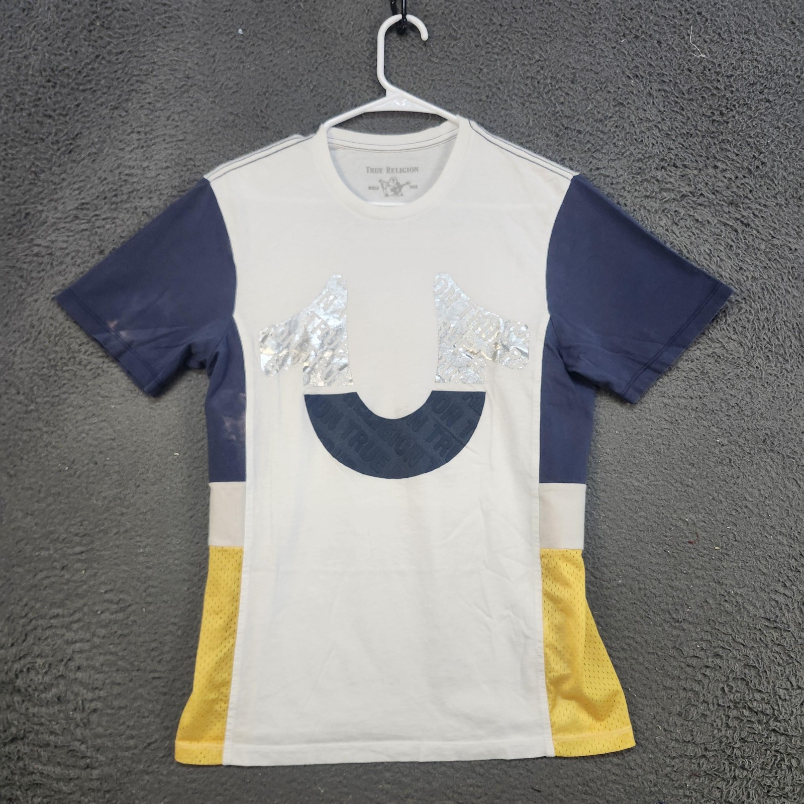 True Religion Shirt Mens XS White Navy Yellow Colorblock Horseshoe Logo Tee