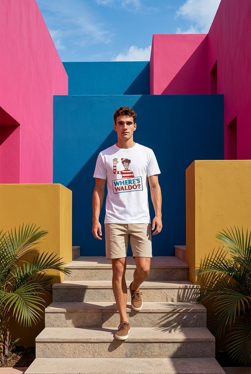 New Where&rsquo;s Waldo Men White T-Shirt Logo front River Scene Back SZ Med