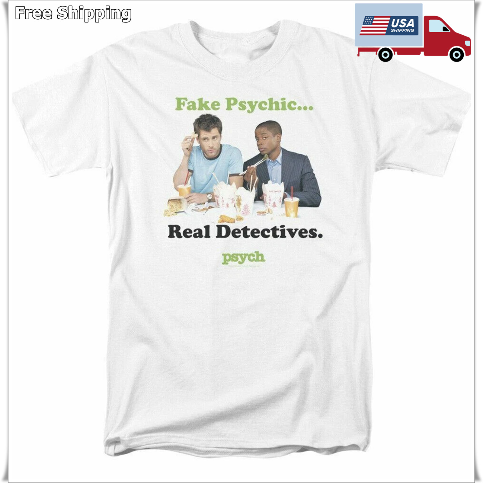 Psych Take Out T Shirt Mens Licensed Classic TV Show Tee Gus Shawn White