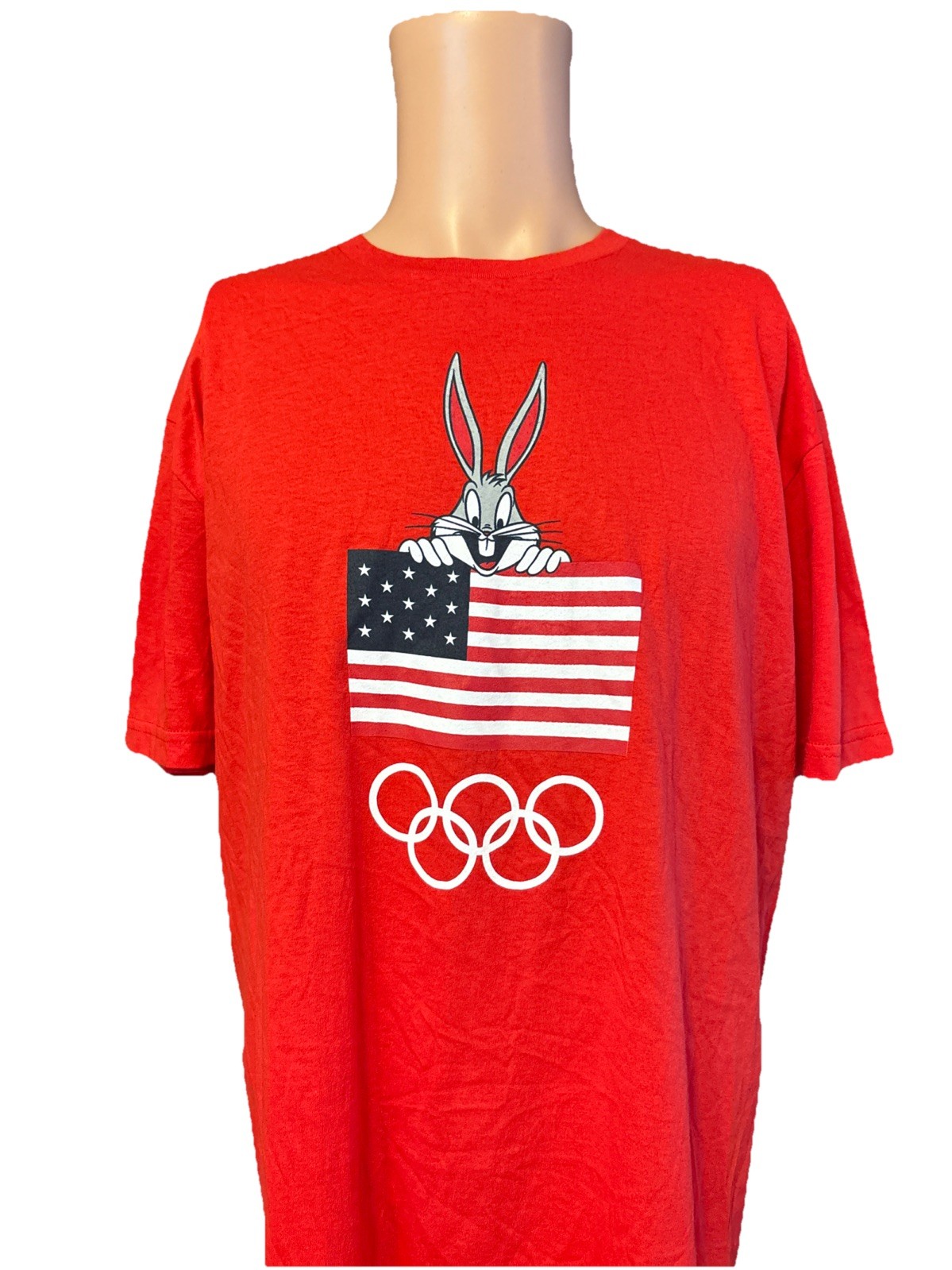 NEW Olympics Looney Tunes USA Bugs Bunny With USA Flag Red Shirt Size Large