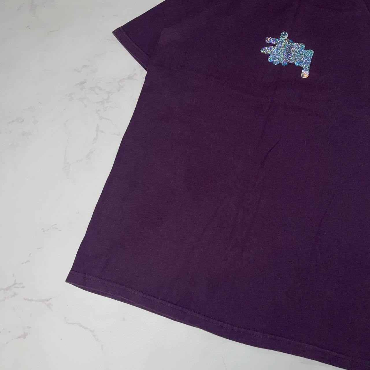 Vintage STUSSY T-Shirt Purple Glitter Logo Y2K Casual Tee Size S