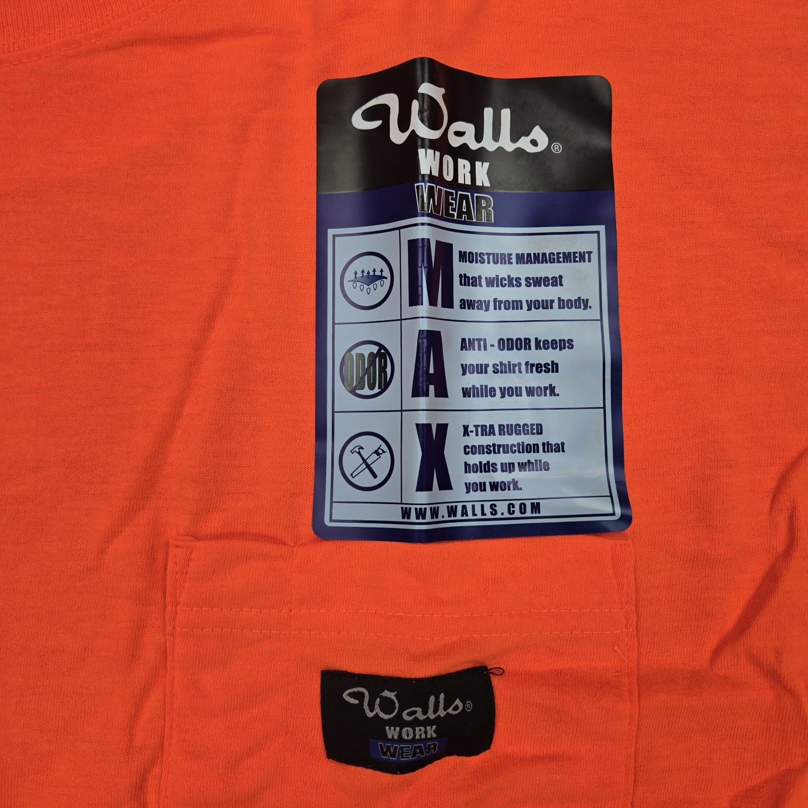 Walls Hi Vis Shirt Large Orange Short Sleeve Tee Moisture Wick Anti Odor Rugged