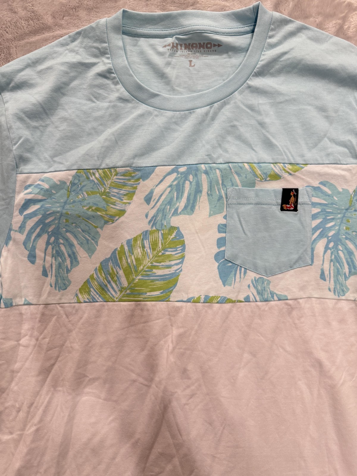 Hinano Tahiti Shirt Mens Large Blue White Tropical Leaf Pattern Pocket Hawaiian