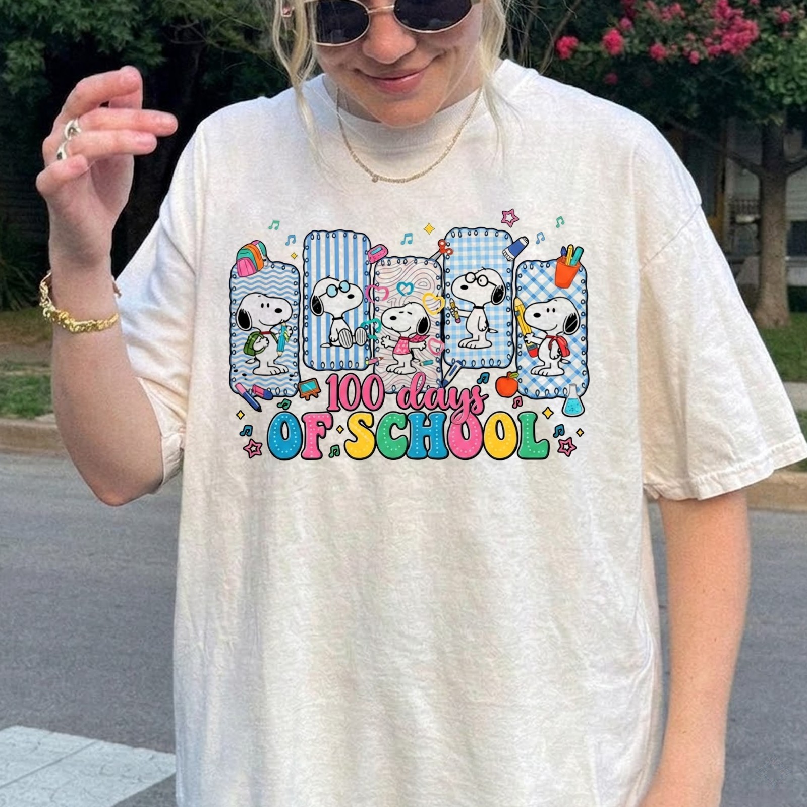 100th Day of School T-Shirt, Cartoon Dog School Supplies Tee