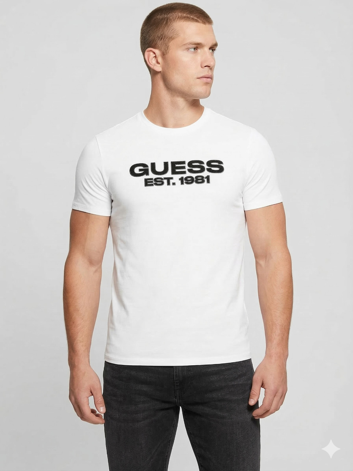 Guess Eco Men White Crewneck Embroidered Velvet Logo Tee Size S
