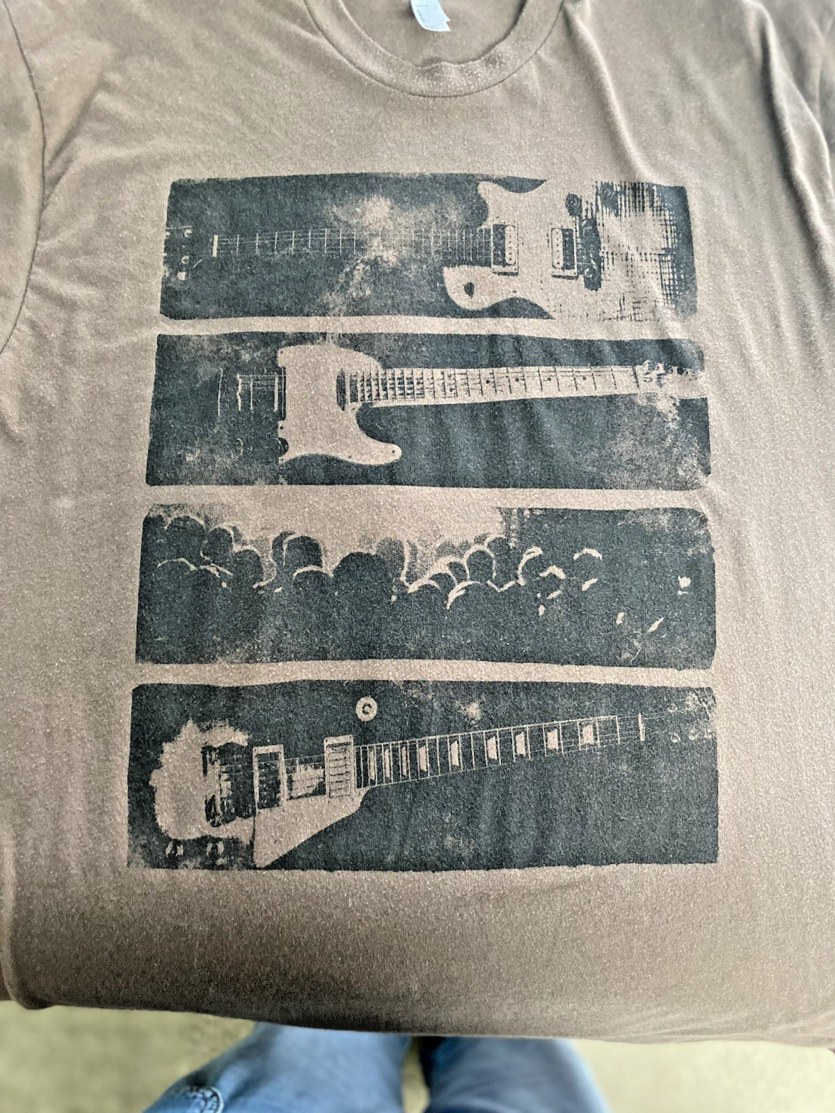 American Apparel Mens Graphic T Shirt Brown Black Panel Guitar Size XL Made USA