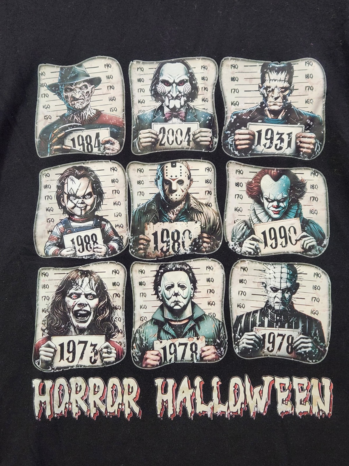 Horror Halloween T-Shirt, Movie Villains Mugshot Tee, Freddy Jason Pennywise LRG