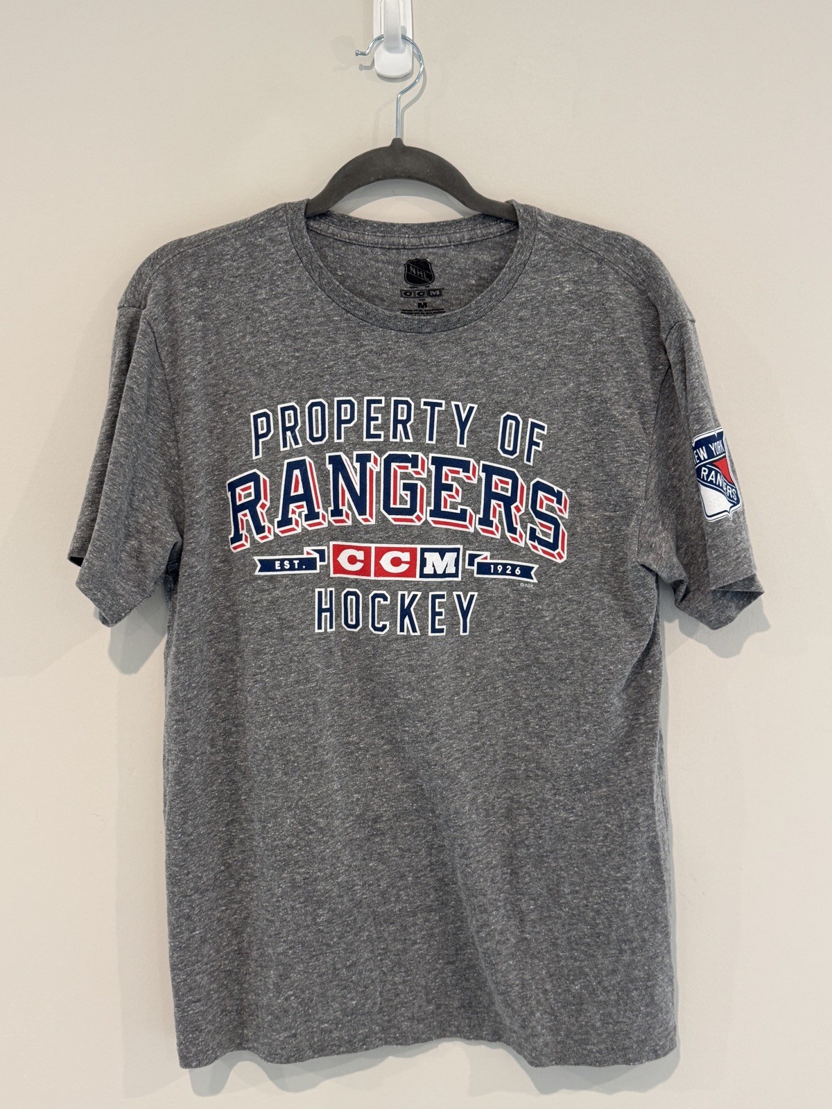 New York Rangers Mens T-Shirt Gray Medium Vintage NHL CCM 1926 Hocket