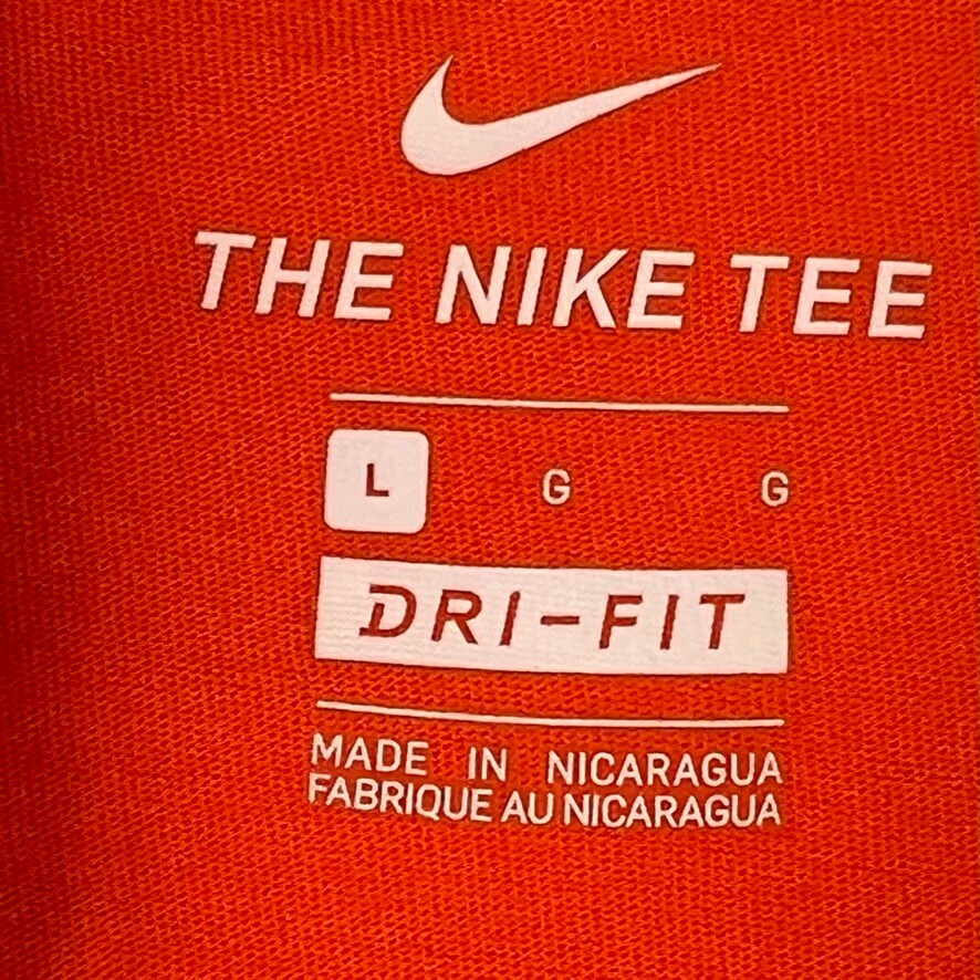 Nike Shirt Men Large Center Swoosh Spell Out Dri Fit Orange Work Party Core Ex