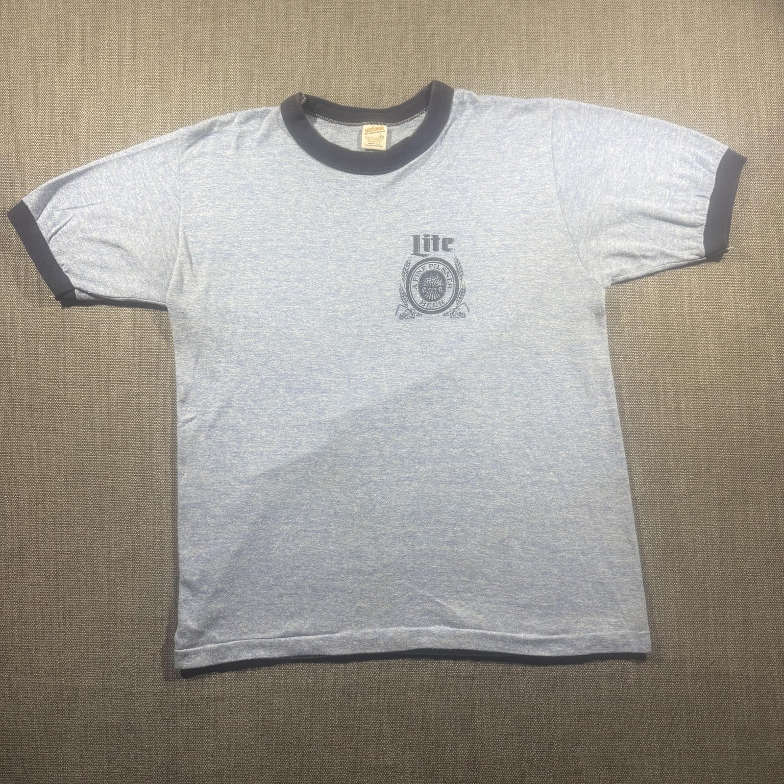 Vintage Miller Lite Beer Shirt Mens Large Gray Ringer Made USA 80s Soft