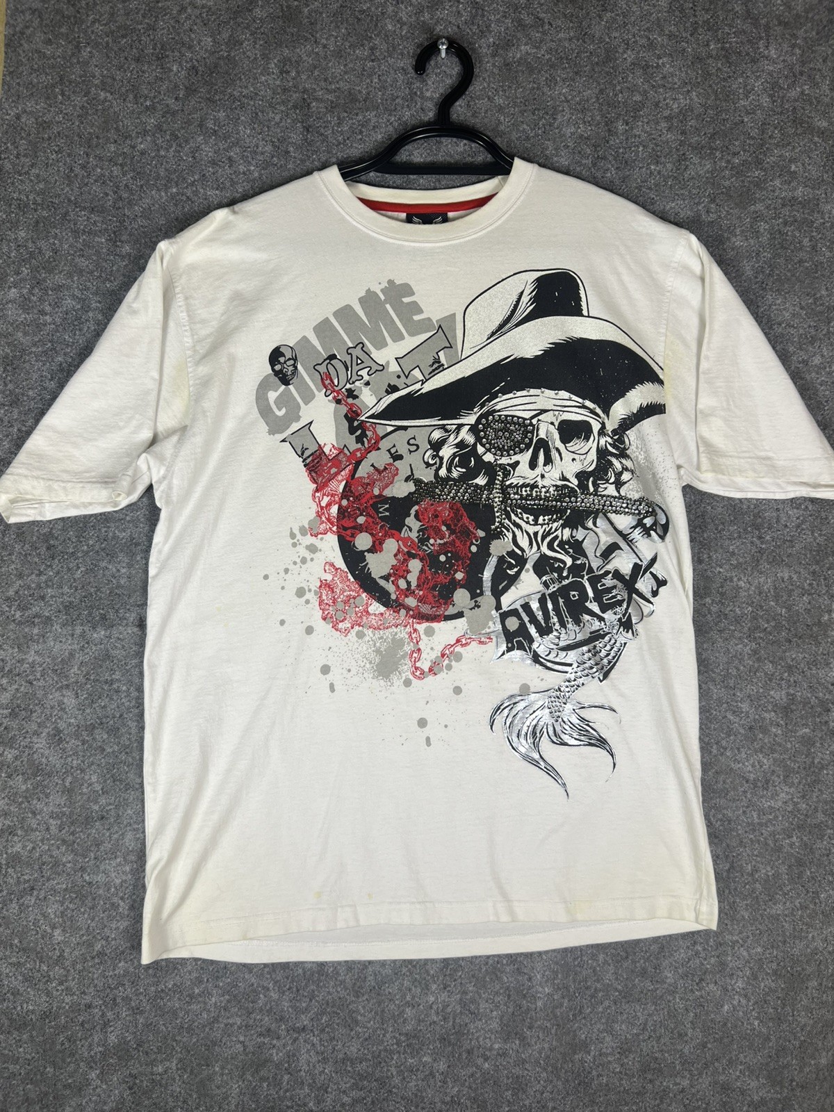 Vintage Retro Avirex Gimme Da Loot Skull Graphic Tee Shirt Men’s Size XL White