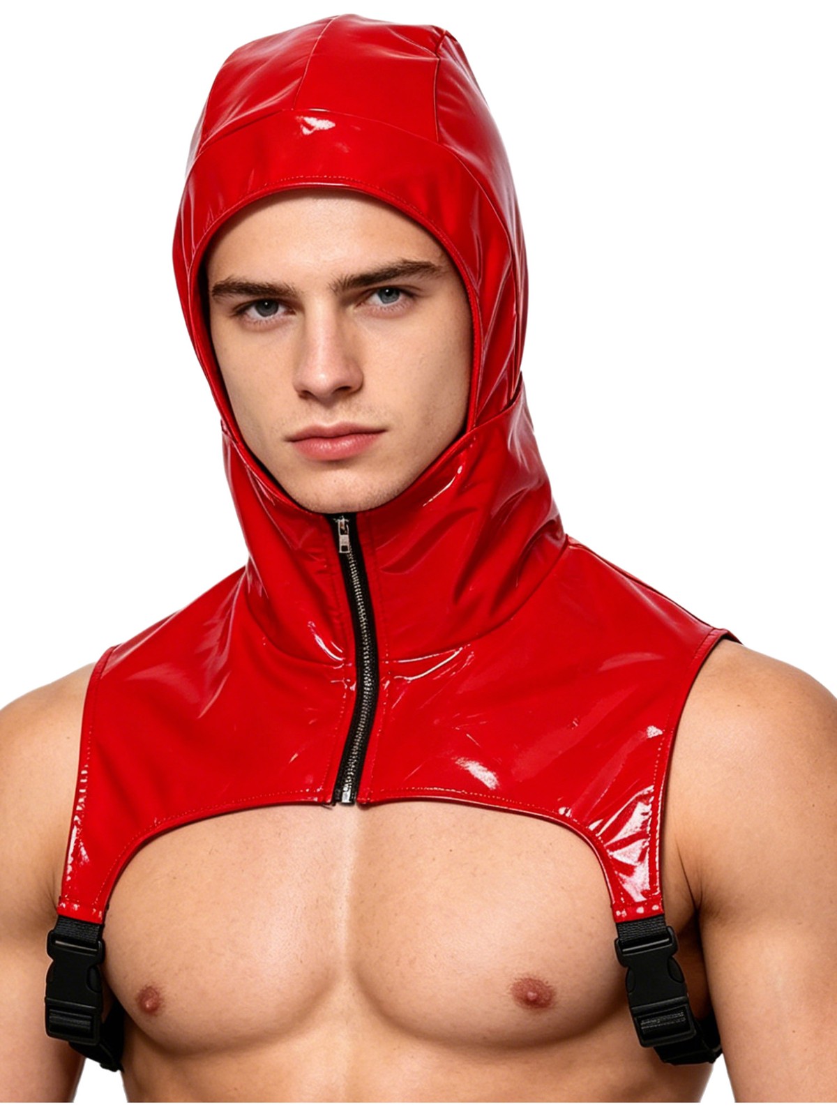 Mens Vest Showing Tank Top Party Crop Top Pvc Leather Birthday Glossy Hooded PU