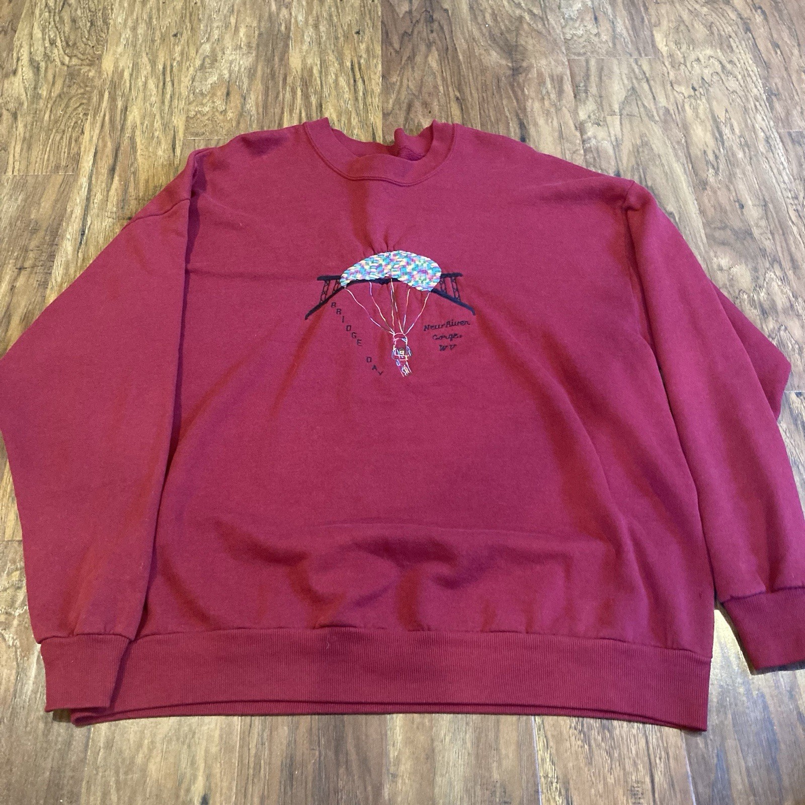 Jerzee Vintage 90’s Red Embroidered Bridge Day Oversized Graphic Crew Neck, 2 XL