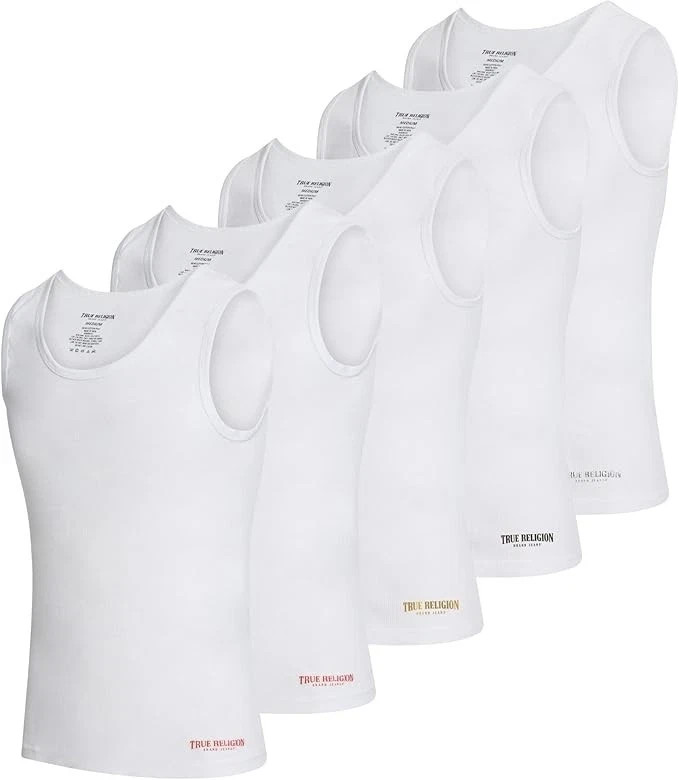True Religion Tank Tops Men’s Small 5-Pack Premium Cotton NIB WHITE W/LOGO