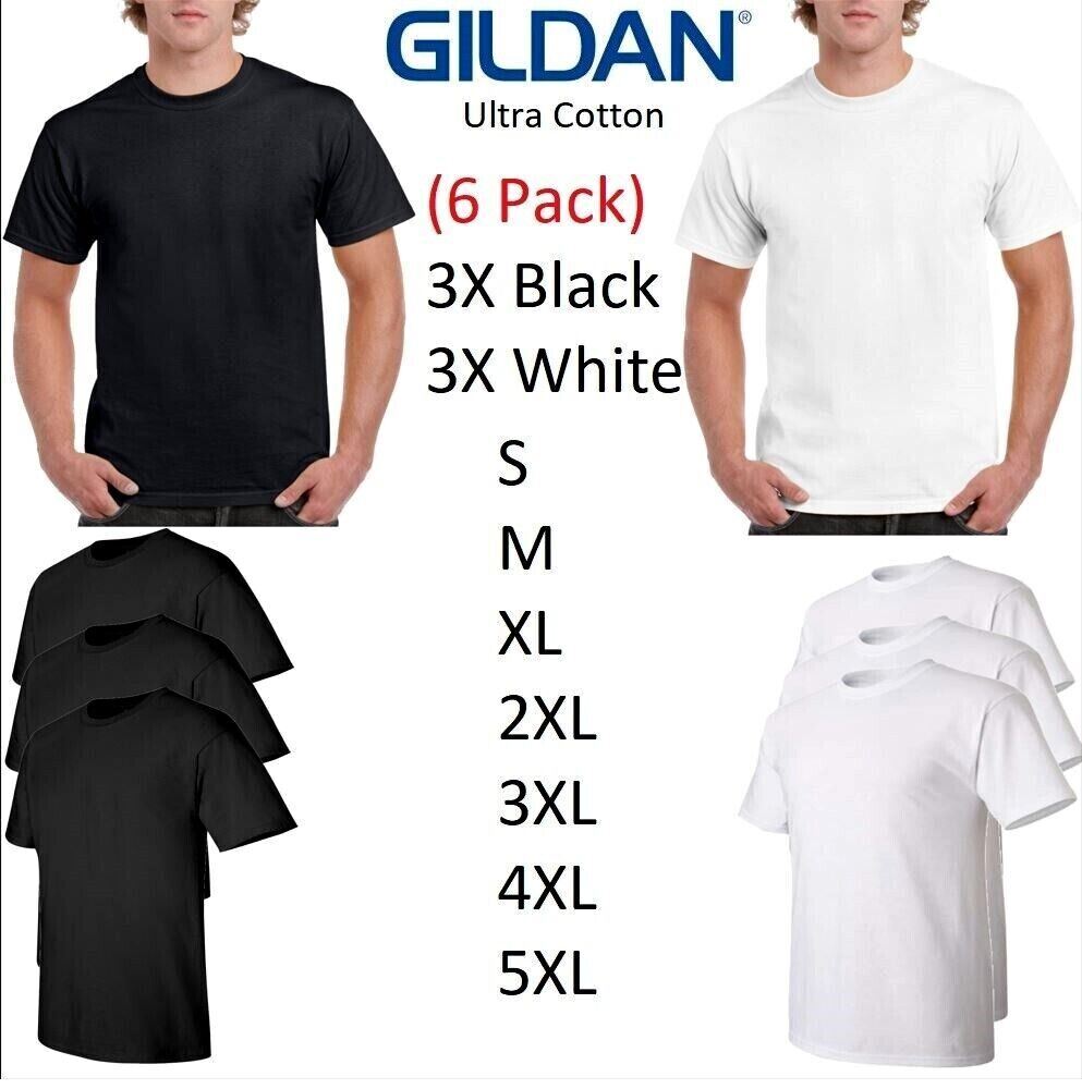 6 PACK Gildan G200 Men&rsquo;s Ultra Cotton Sleeves Tee T-Shirt Black / White S-XL USA