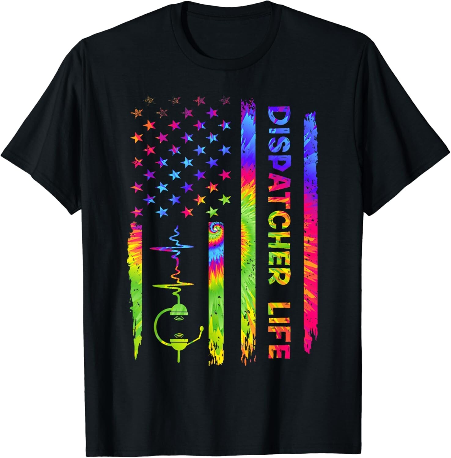 American USA Flag 911 Dispatcher Vintage Tie Dye Rainbow Gift Unisex T-Shirt