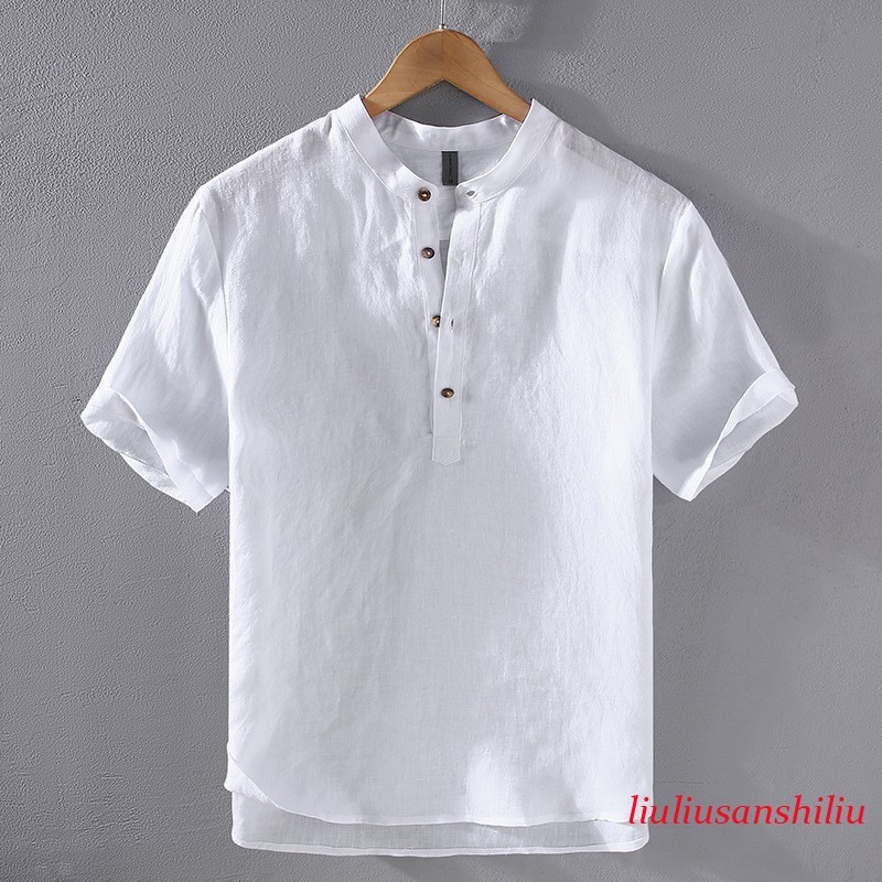 Retro Style Short Sleeve Pullover Mens Stand Collar 100% Linen Shirt Half Button