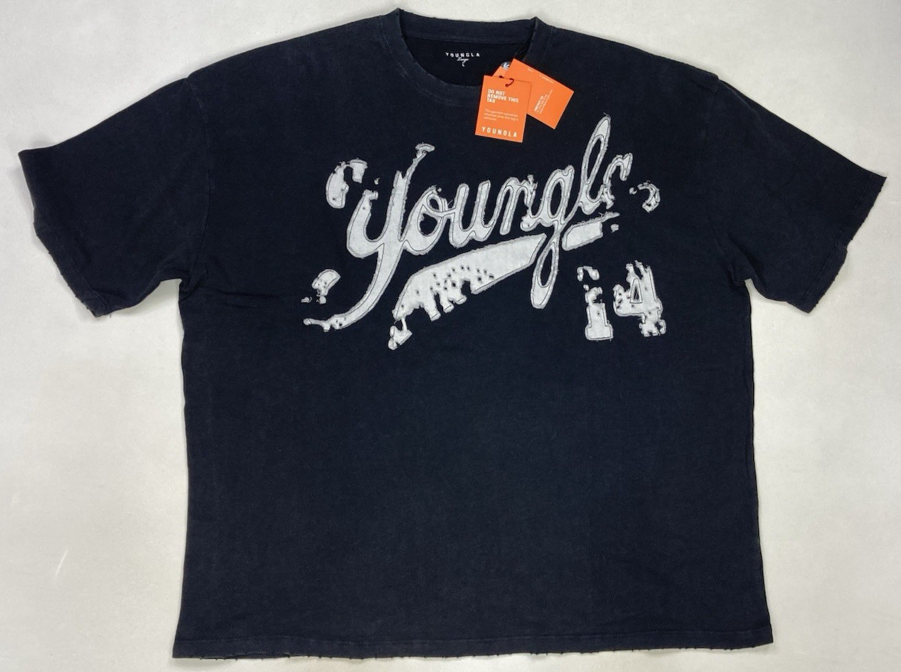 YoungLA Distressed Script T-shirt Men Large Oversized Black Short Sleeve