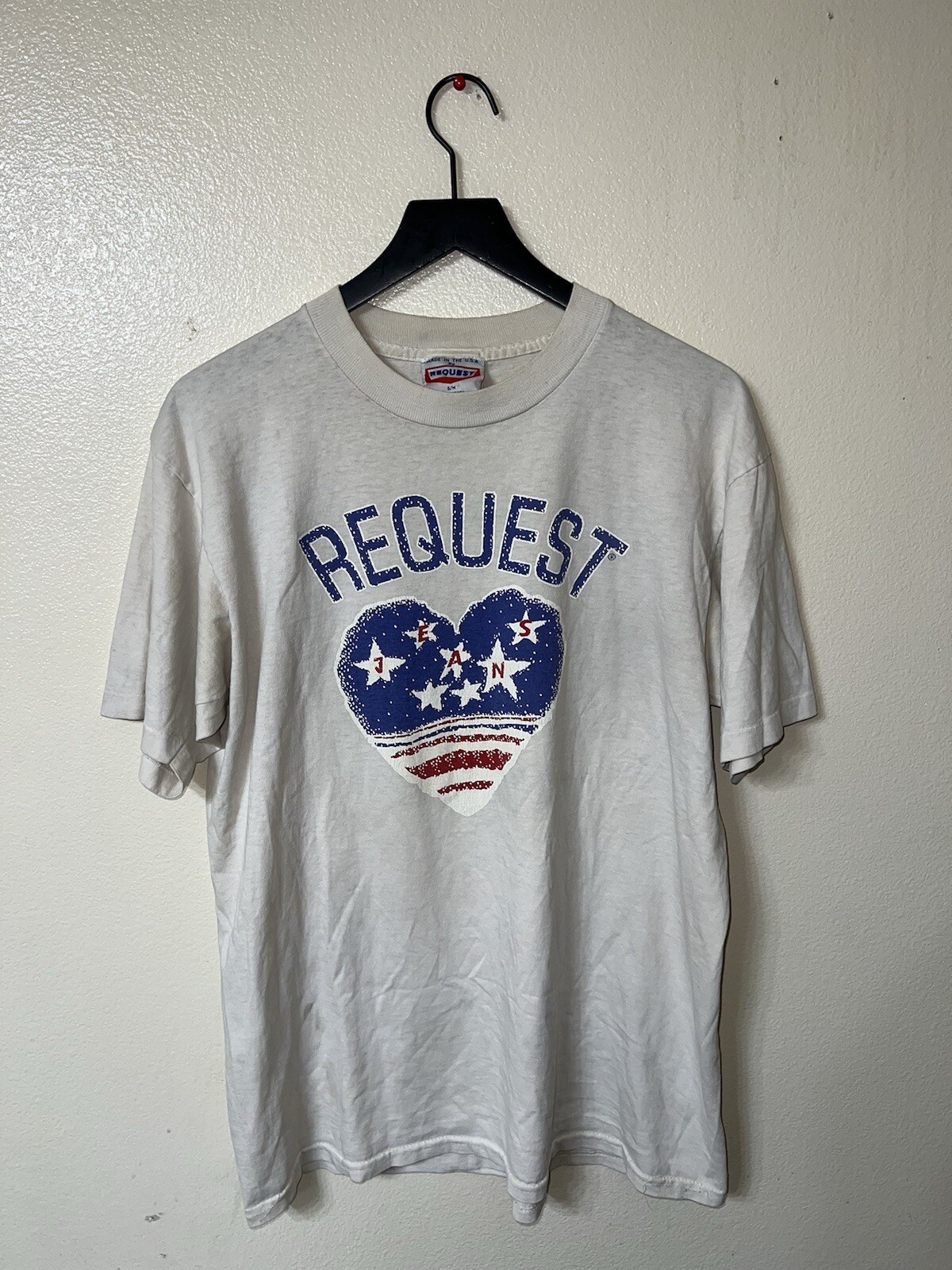 Vintage 90s Request Jeans Heart T Shirt Mens M White Patriotic Short Sleeve Love