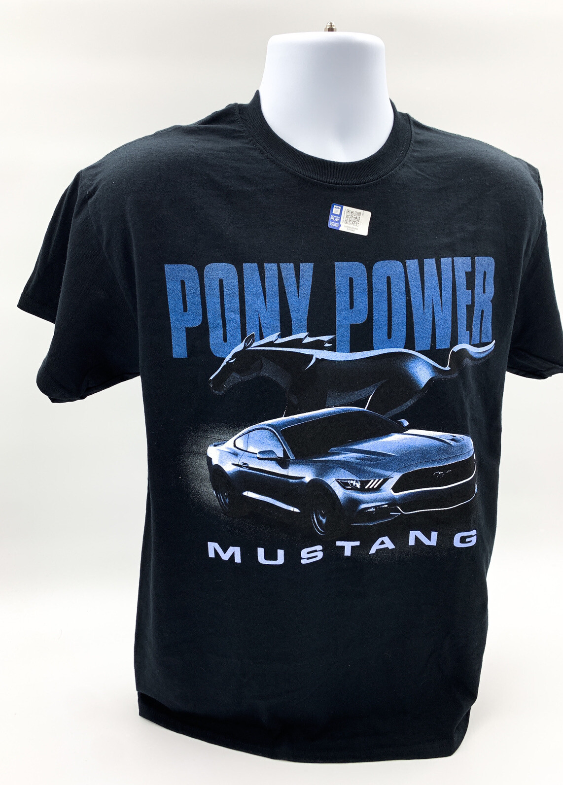 Ford Mustang T-Shirt – Black w/ Blue « Pony Power » Script & Running Pony Logo
