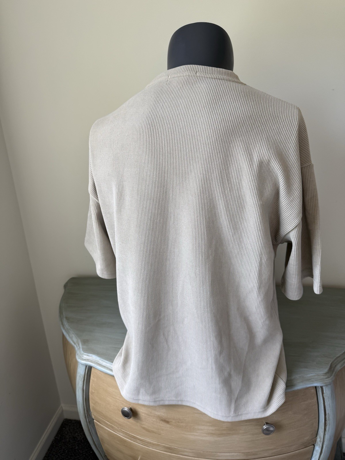 Mens Textured Rib Knit Pullover Shirt Beige Sand Boxy Minimalist Size L Khaki