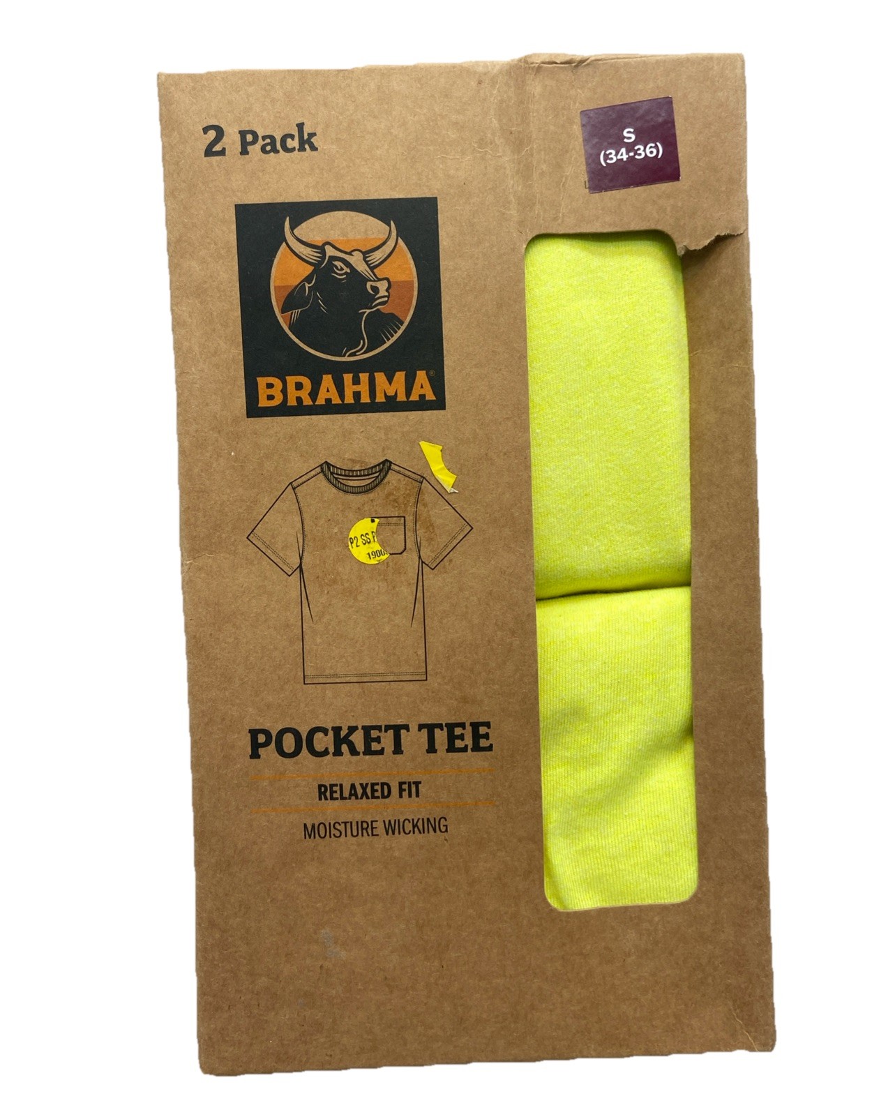 Brahma T-Shirt Small 34-36 Yellow Pocket Tee 2 Pack Relaxed Fit Moisture Wicking