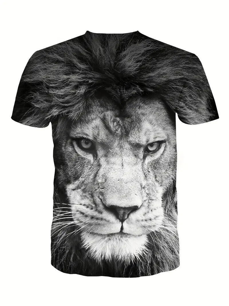 Camiseta Hombre Negro Blanco León Cara Estampado gráfico Moda Manga corta sedoso