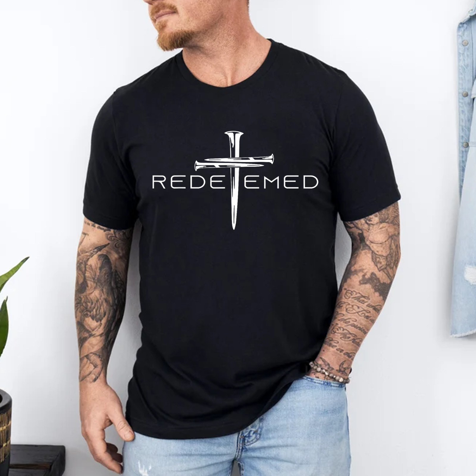 Redeemed Cross Nails Faith in God Jesus Christ Christian Men T-Shirt