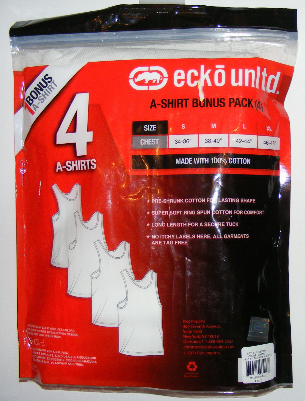 4 Pack Men&rsquo;s A Shirts Size M Cotton Pre-Shrunck Super Soft Rhino Ecko Unltd $40