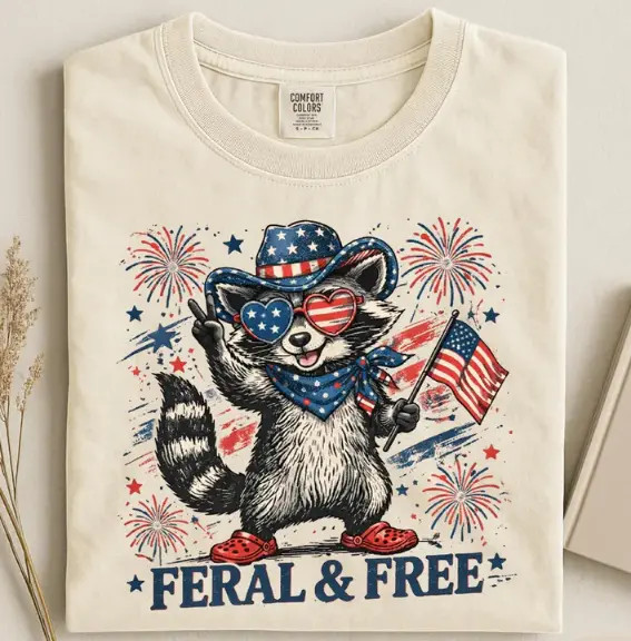 Feral and Free Raccoon Shirt Patriotic USA July 4th Tee