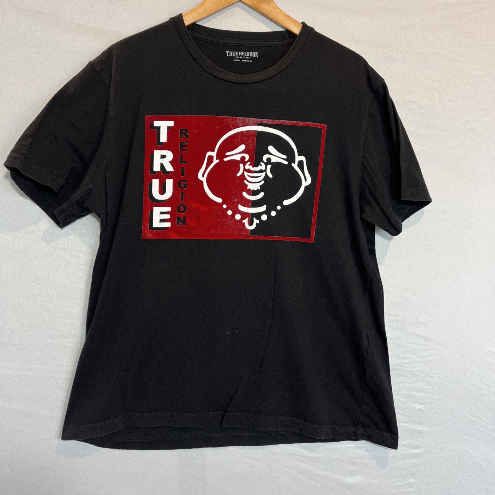 True Religion T-Shirt 2XL Flocked Buddha Logo Graphic Black Red Mens 106743