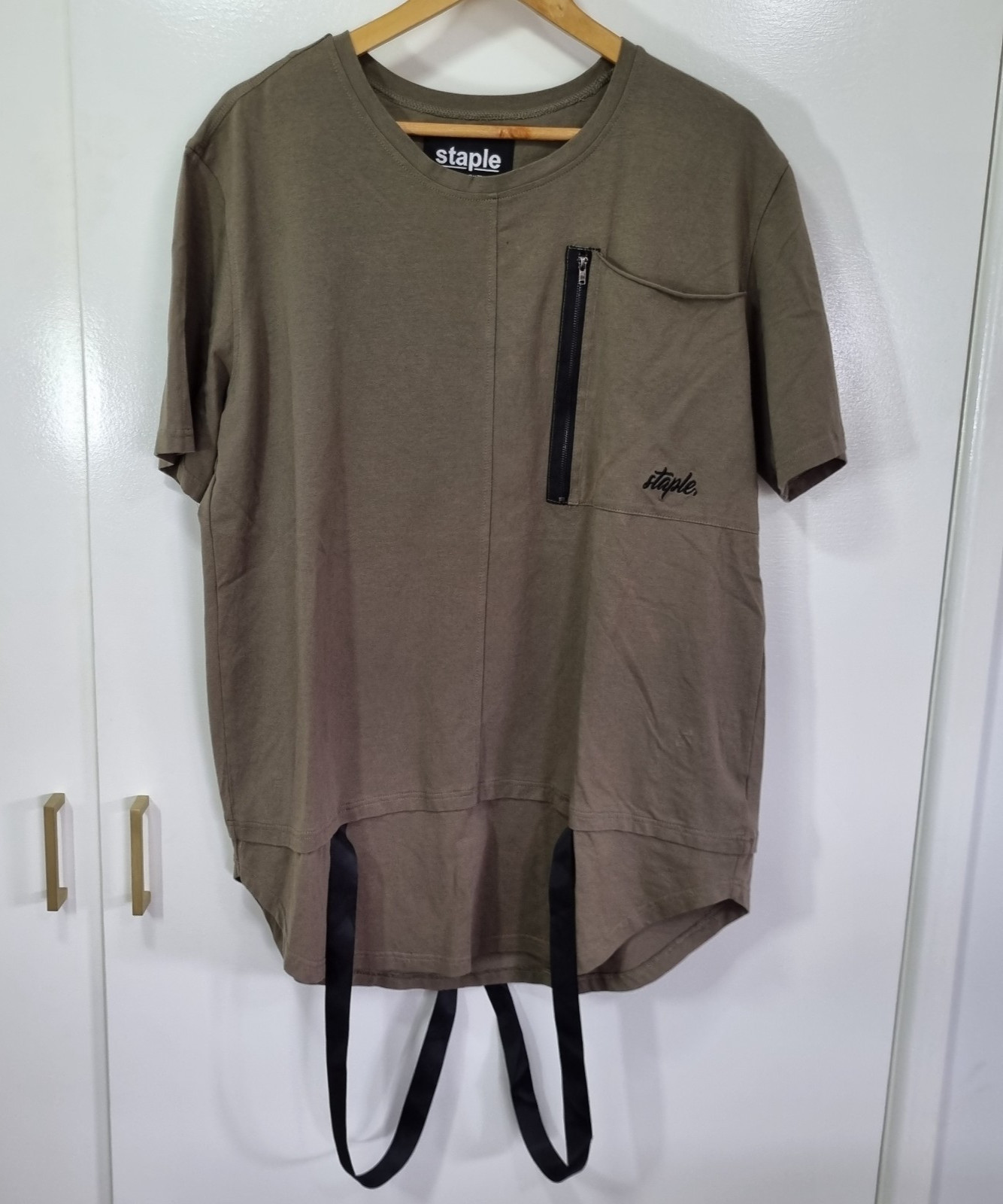 STAPLE THE LABEL Men’s Size XL T-shirt Suspenders Embroidered zip embellishment
