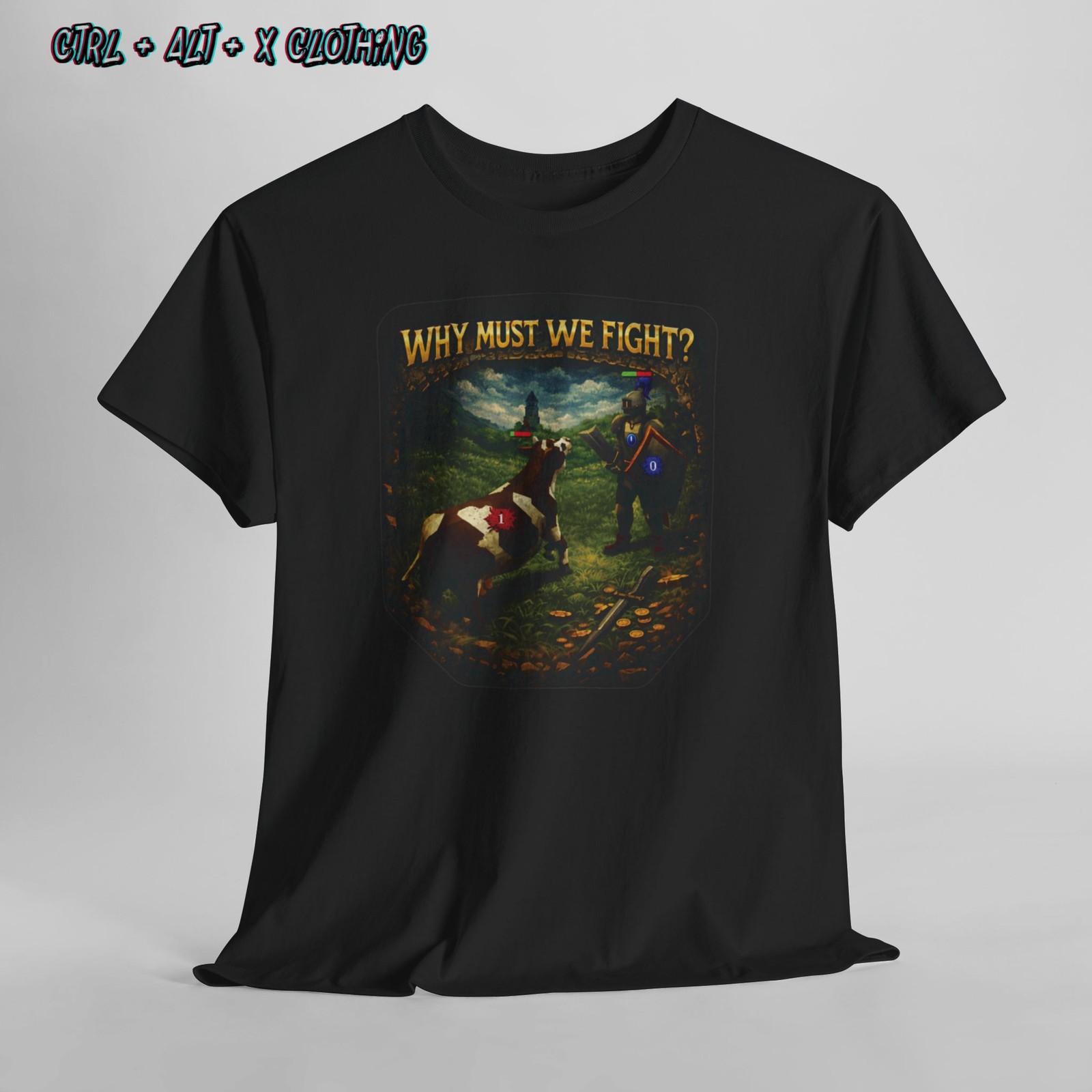 Funny RuneScape Meme T-Shirt – Why Must We Fight Knight vs Cow Gaming Tee