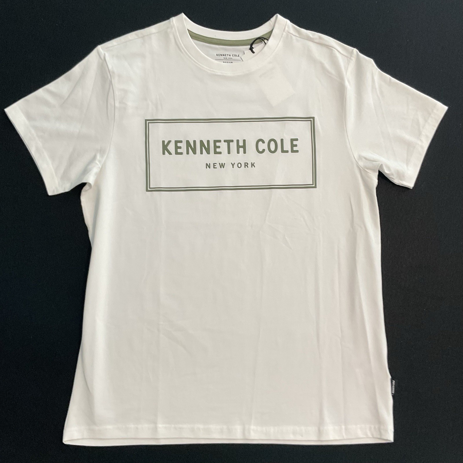 Kenneth Cole Graphic Tee shirt Men&rsquo;s Size Large Raised Logo Moss Stone White NEW